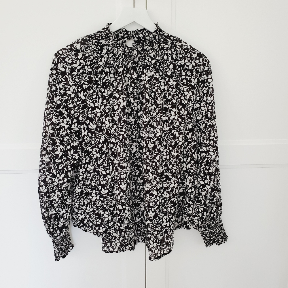 LOFT Black & White Floral Smocked Long Sleeve Blouse